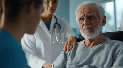 Fototapeta premium Compassionate Nurse Assisting Elderly Patient in Hospital Room