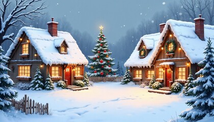 Fototapeta premium Cozy snow-covered houses with a Christmas tree in a winter landscape, festive holiday scene