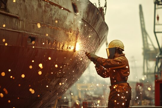 Female shipbuilder welding in shipyard