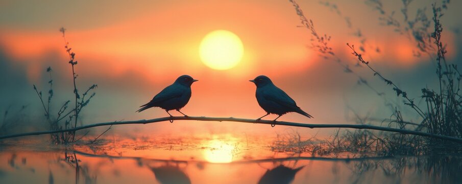 Two birds standing on thin sticks over a serene sunset
