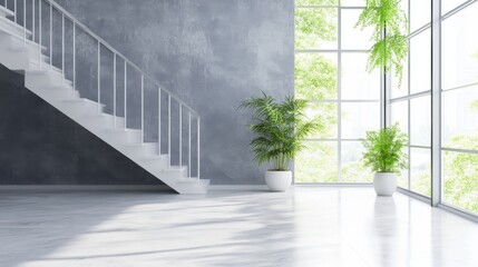 Modern interior design with plants and sunlight.