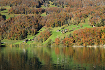 Alpine village on a mountainside on the shore of Lungern lake in autumn. Obwalden, Switzerland