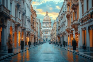 Obraz premium urban scene featuring classical architecture intertwined with modern roads, showcasing empty streets in a city that blends historical charm with contemporary infrastructure