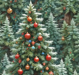 Illustration of decorated Christmas tree.