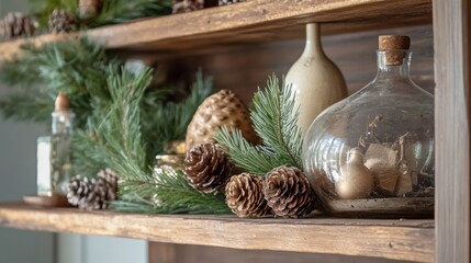 Obraz premium Natural holiday decor featuring rustic elements on a vintage wooden shelf