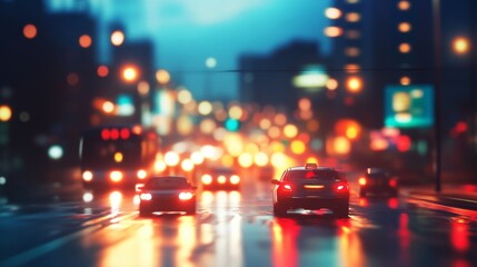 Obraz premium Night city traffic with blurred lights and vehicles.