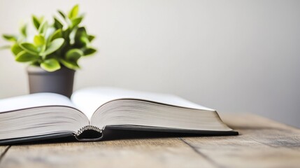 Open book on a table with a plant.