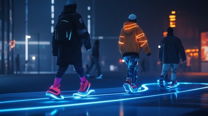 Obraz premium People roller skating at night with neon lights