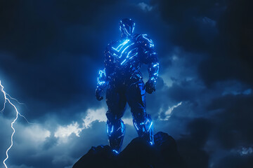 Fototapeta premium A powerful Zeus in futuristic glowing blue cyber armor, standing on Mount Olympus, lightning bolts illuminating the stormy sky, majestic and divine