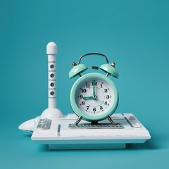 Vintage mint green alarm clock placed on a white retro telephone against a teal background, AI