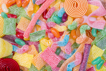 Assorted gummy candies. Top view. Jelly  sweets background.