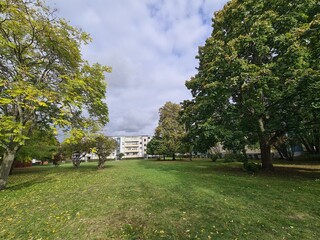 Wiese und schöner Himmel in einem Wohngebiet in Berlin Johannisthal