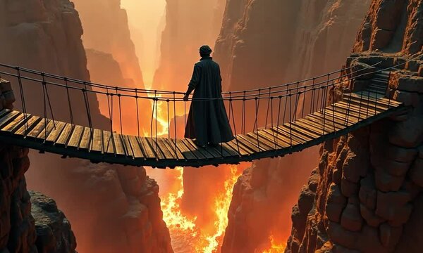muslim man crossing sirat bridge