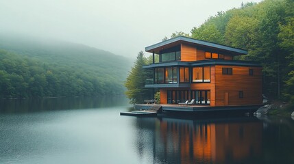 Obraz premium Modern lake house with glass windows reflecting in calm water, misty mountains background.