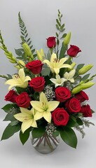 Elegant bouquet of red roses and white lilies arranged in a glass vase for a special occasion decoration. Generative AI