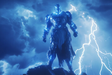 Fototapeta premium A powerful Zeus in futuristic glowing blue cyber armor, standing on Mount Olympus, lightning bolts illuminating the stormy sky, majestic and divine