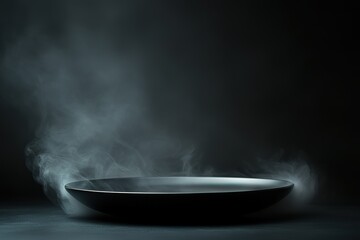 A black plate sits on a dark surface with wisps of smoke curling around it, creating a mysterious and dramatic scene.