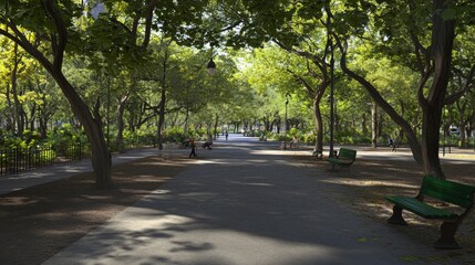 Fototapeta premium Serene park path under lush green trees.