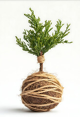 A small evergreen shaped plant wrapped with brown twine and sitting on a round jute ball covered with rope made of coconut fiber The background is white