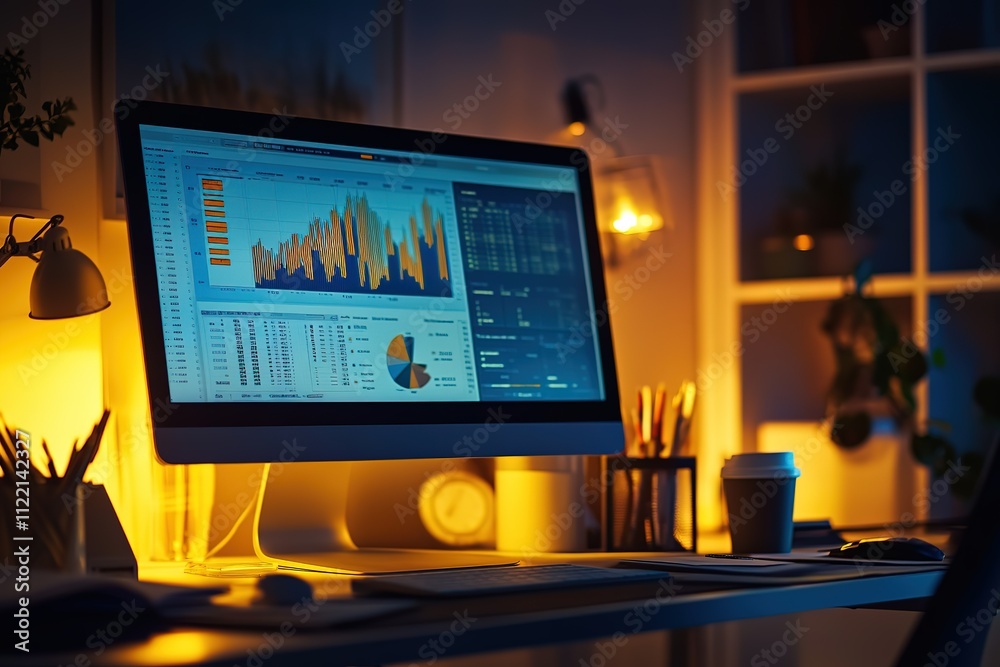 Poster a computer monitor displays a graph with a yellow light in the background