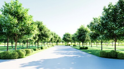 Obraz premium Serene pathway lined with lush green trees.