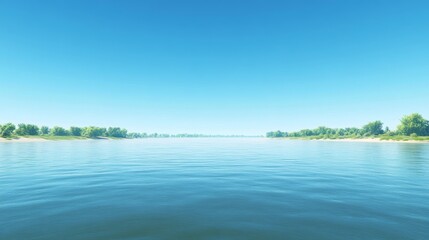 Serene river view under a clear blue sky.