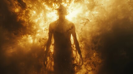 Naklejka premium A silhouette of a person standing amidst swirling golden clouds with dramatic light effects creates a mysterious and ethereal atmosphere in the image