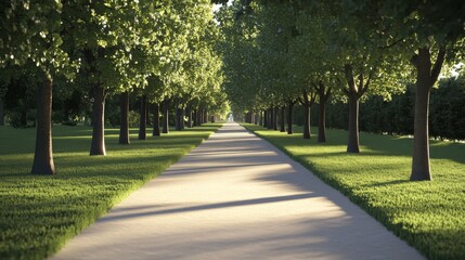 Obraz premium Serene tree-lined pathway under soft sunlight.