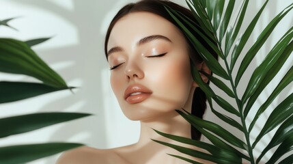 Fototapeta premium Serene woman surrounded by lush greenery.