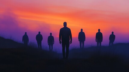 Fototapeta premium Silhouetted figures against a colorful sunset.