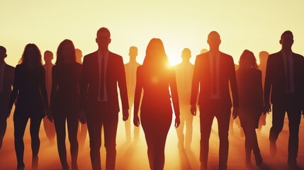Obraz premium Silhouetted group of professionals at sunset.