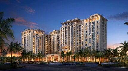 A modern hotel building illuminated at dusk, showcasing architectural design and luxury.