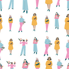 Seamles pattern. Cute girls are going to a costume party.  Flat illustration. Transparent background. Design placat, banner, card