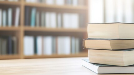 Stack of books on a wooden table in library.