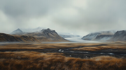 A breathtaking Icelandic landscape shot. Rolling hills covered in golden grasses and mist. cloudy weather, dark soil.