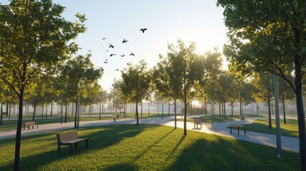 Obraz premium Sunlit park scene with trees and walking paths.