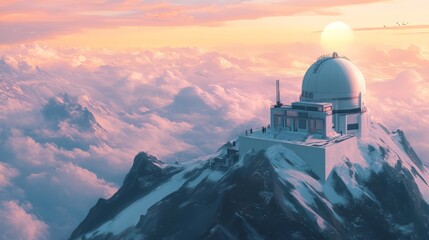 Obraz premium Observatory atop snowy mountain peak at sunset.