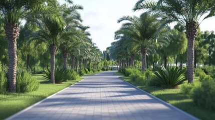 Fototapeta premium Sunny pathway lined with beautiful palm trees.
