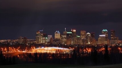 Naklejka premium A nighttime cityscape showcasing urban lights and skyline features.