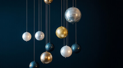 Fototapeta premium Elegant Hanging Gold Silver Blue Glitter Christmas Ornaments