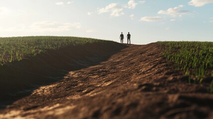 Fototapeta premium Two people walking on a dirt path at sunset.