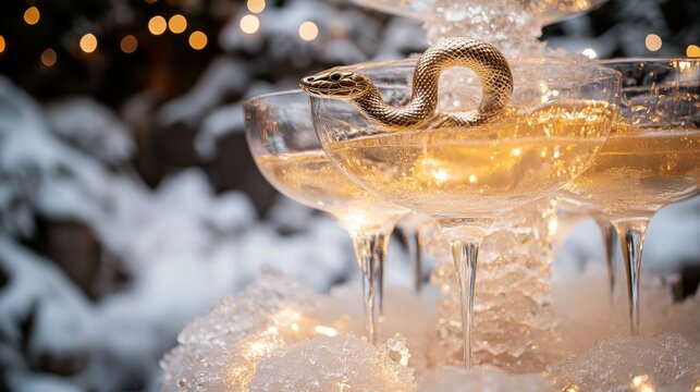 A champagne tower with a delicate snake-shaped ice sculpture at the base, lit with soft gold lights