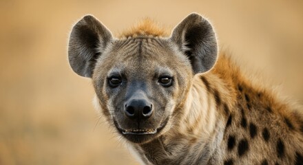 Fototapeta premium Close-up portrait of a spotted hyena in african savanna during golden hour