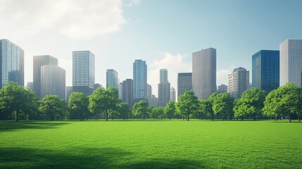Obraz premium Urban park with skyscrapers and lush greenery.
