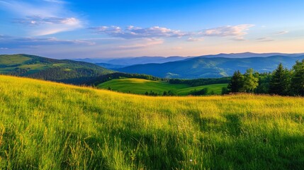 Fototapeta premium Vast green hills under a clear blue sky.