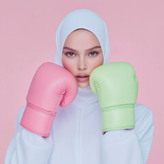 A beautiful hijabi Arab woman wearing a white outfit and boxing gloves, Generative AI