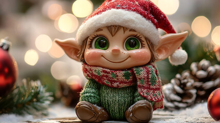 Fototapeta premium Adorable Christmas Elf Figurine Festive Holiday Decoration Winter Wonderland Scene