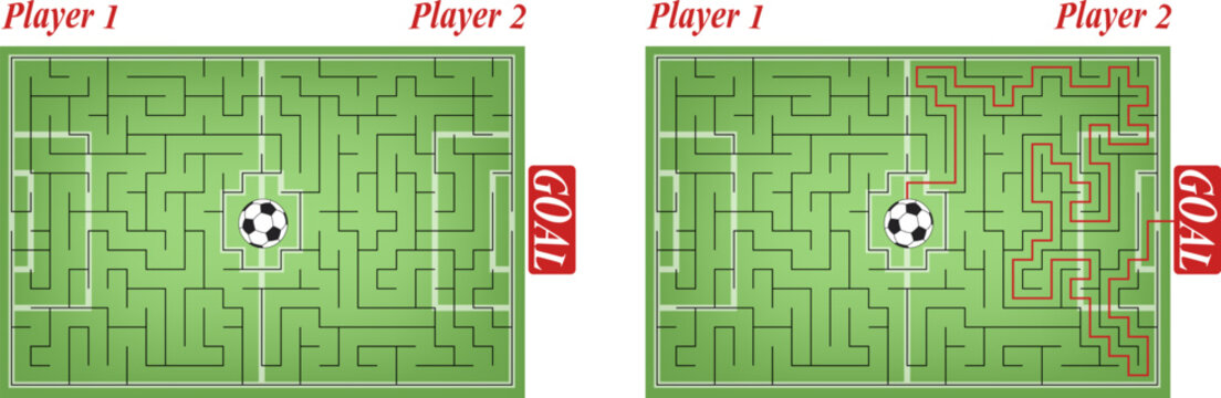 Vector labyrinth inside the football stadium. Help the Player 1 win. Move the ball from the center of grass field to the goal of Player 2. Creative flat soccer maze. View from top