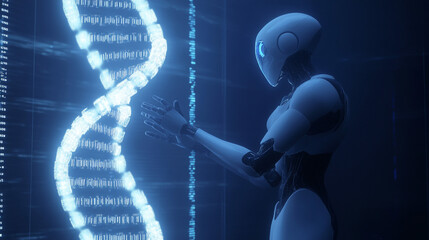Futuristic Robot Interacting with DNA Data Hologram