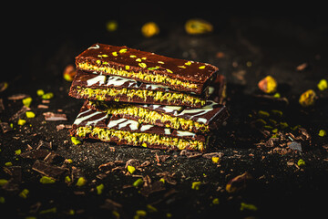 Trendy homemade Dubai chocolate on dark background